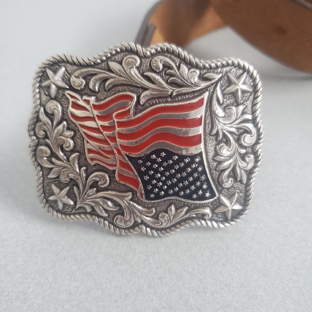 Nocona American Flag Belt Buckle and Justin Belt Youth Size 24 Western USA